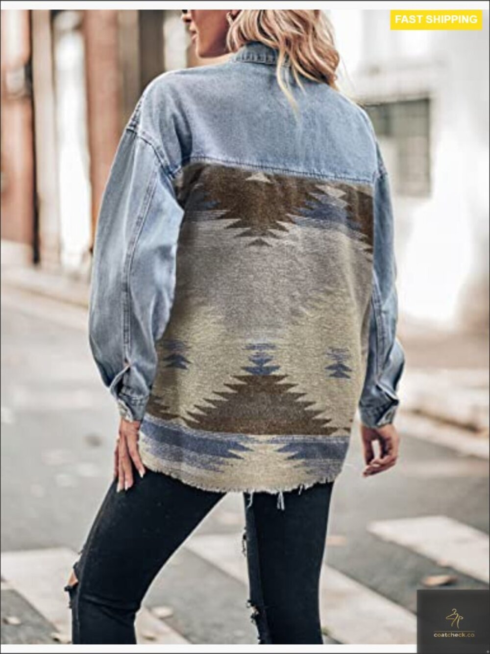 Vintage Distressed Aztec Denim Jacket Button Down Shacket Oversized Long Sleeve - Picture 3 of 7